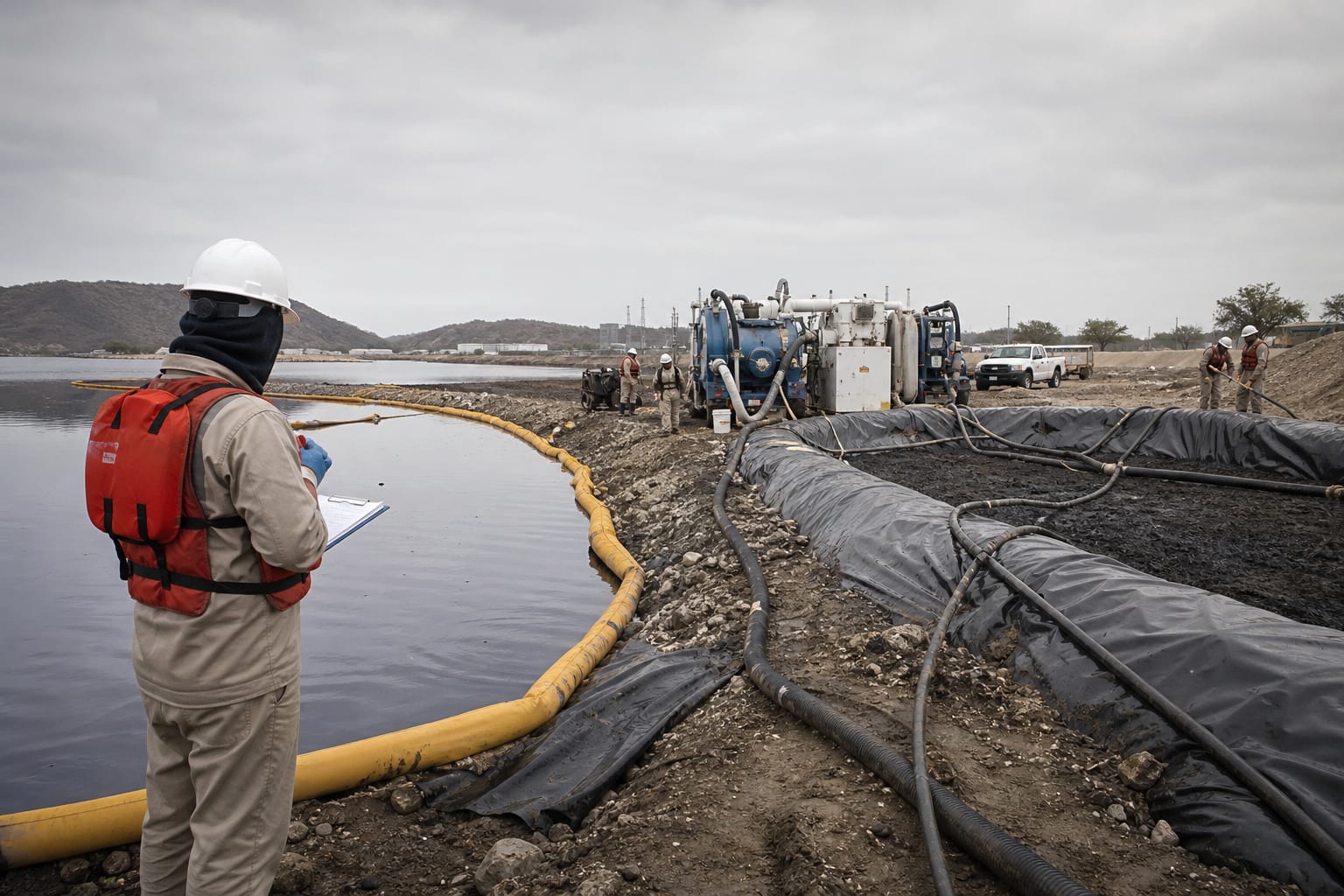Equipo técnico realizando contención y remediación ambiental