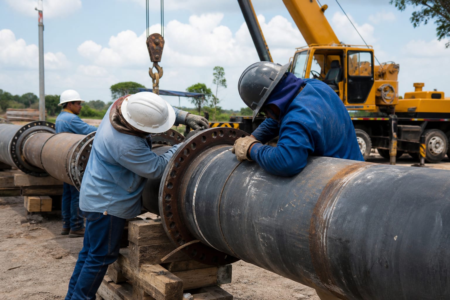 Personal técnico coordinando la instalación de una tubería de gran diámetro