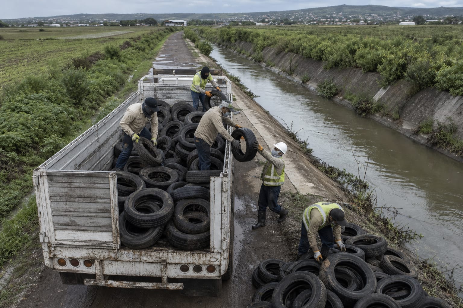 Equipo de trabajo cargando neumáticos para una operación de recuperación