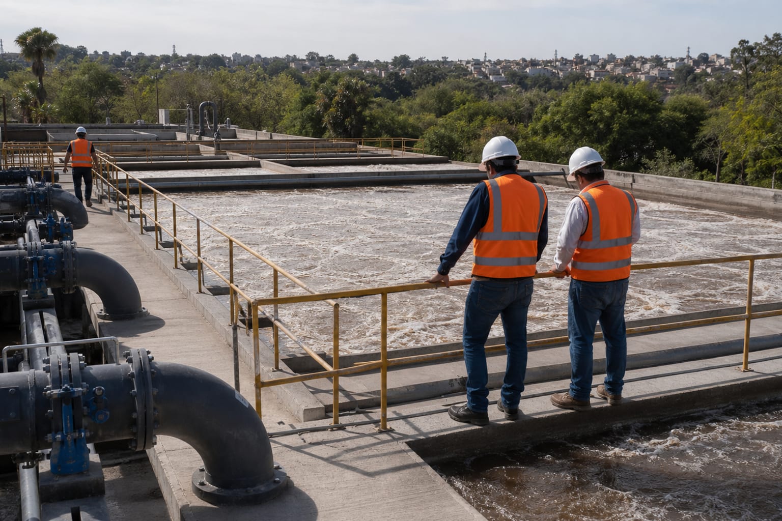 Planta de tratamiento de aguas residuales con tuberías, canales y personal técnico